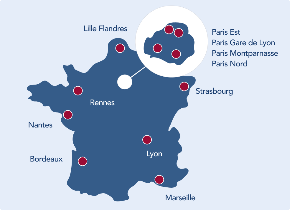 Carte de France des gares équipées d’un Salon TGV INOUI : Lille Flandres, Paris Est, Paris Gare de Lyon, Paris Montparnasse, Paris Nord, Strasbourg, Rennes, Nantes, Lyon, Bordeaux, Marseille